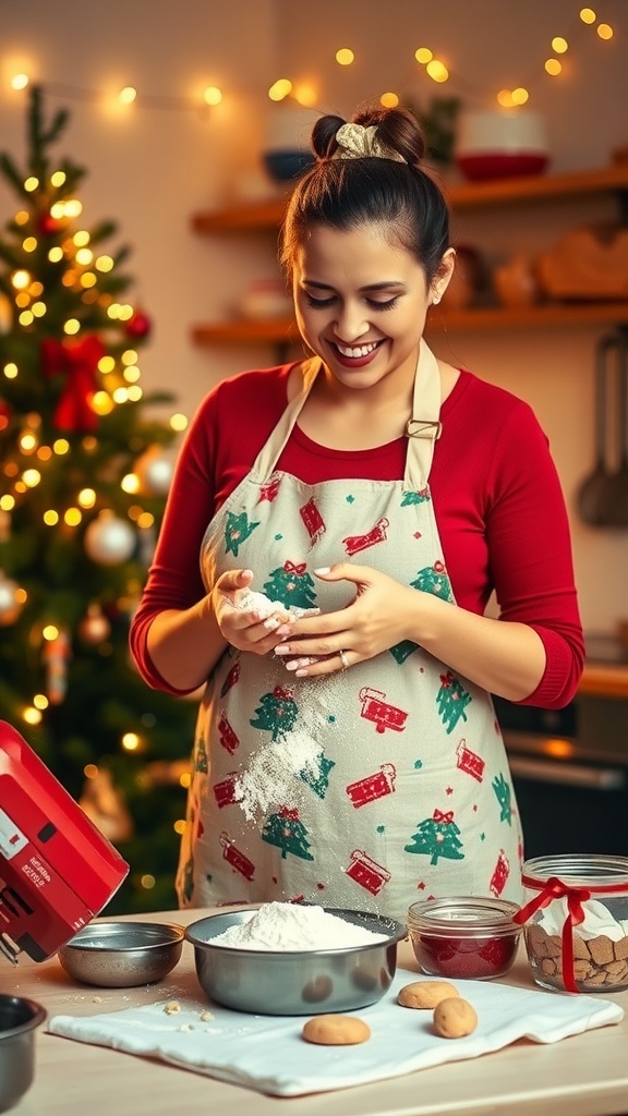 Expecting mother baking Christmas cookies in a cozy kitchen with festive decorations.